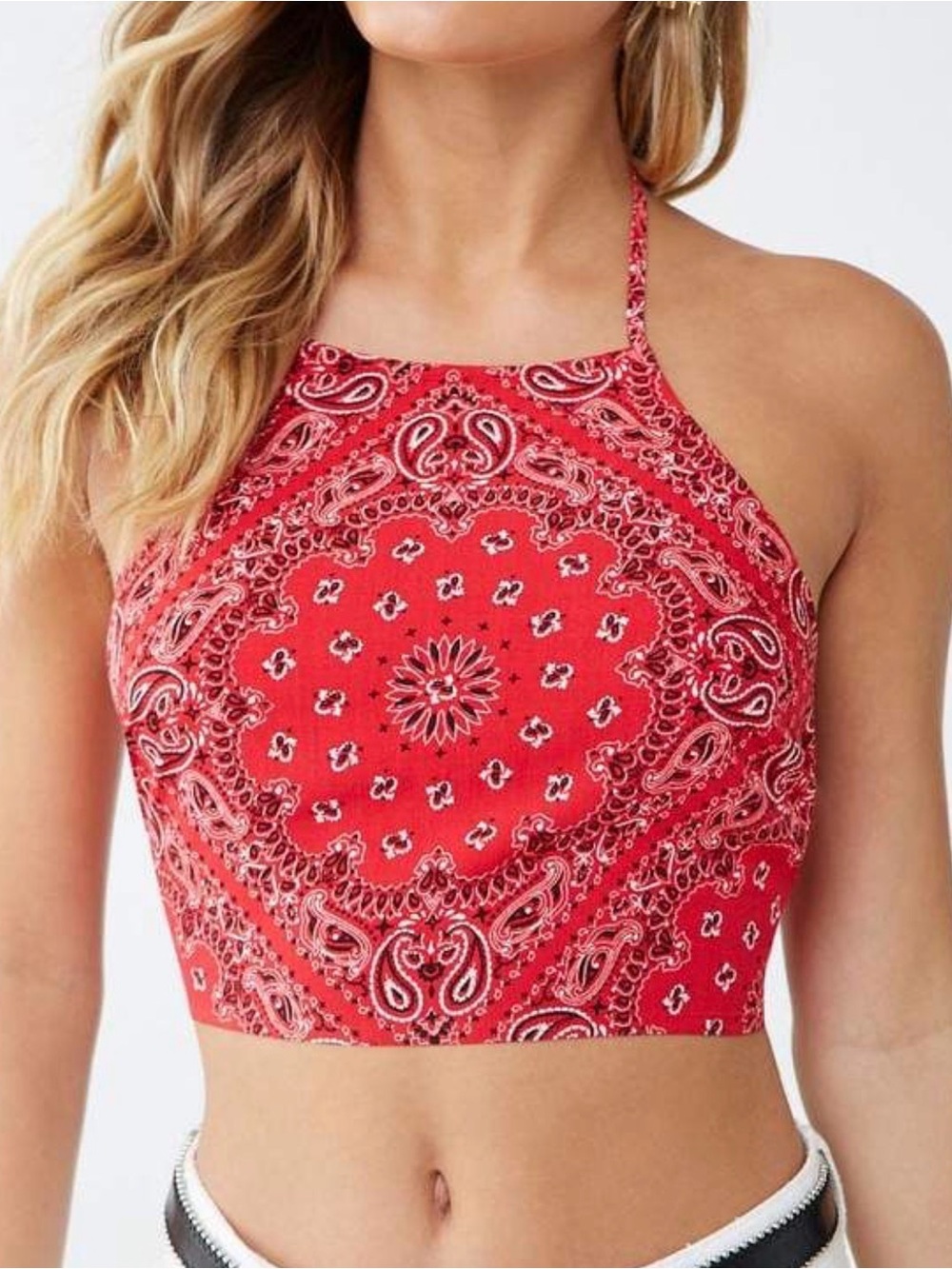 Red Forever21 Paisley Handkerchief Print Tie Back Halter Top